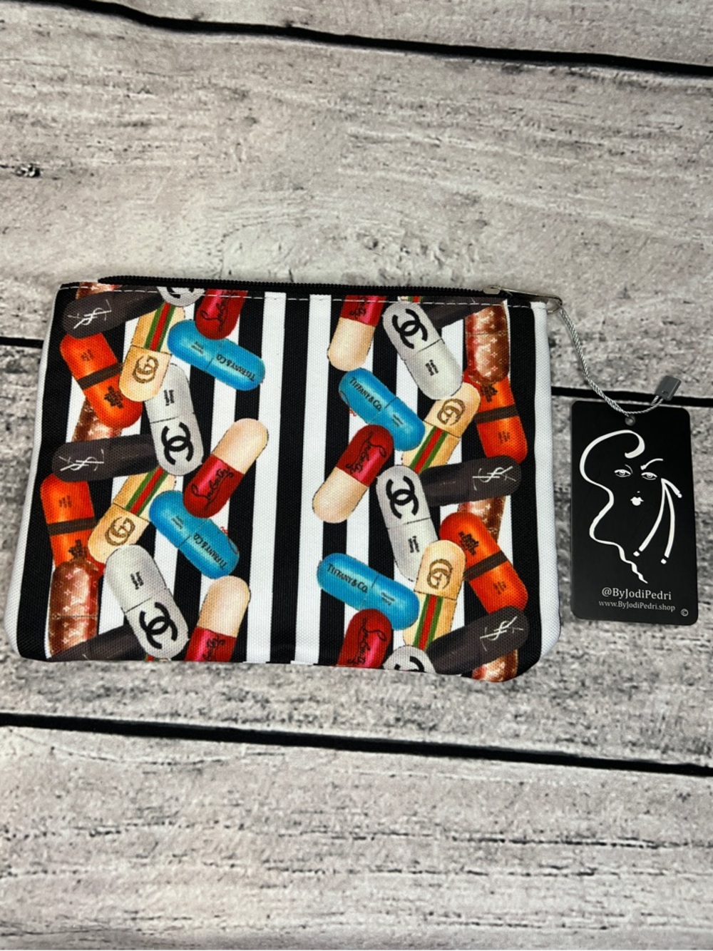 Jodi Pedri Makeup Bag Black White With Luxury Designer Medicine Pills Print